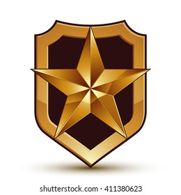 Sophisticated vector blazon with golden star emblem, 3d pentagonal glamorous design element