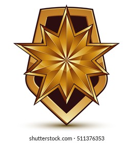 Sophisticated vector blazon with a golden star emblem, 3d polygonal glamorous design element, clear EPS 8.