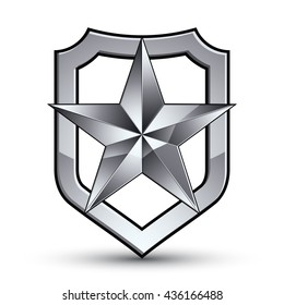 Sophisticated vector blazon with a silver star emblem, silvery 3d pentagonal design element, metallic clear EPS 8.