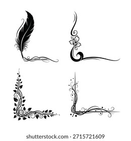 Sofisticados diseños de esquinas de Vector con Elementos florales y de plumas, perfectos para recursos gráficos