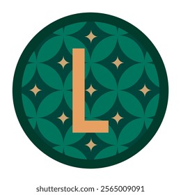 A sophisticated vector design featuring a gold L monogram framed by a bold dark circle, overlaid with an elegant green starburst background. Perfect for upscale branding and decor.