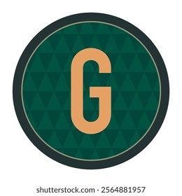 A sophisticated vector design of the letter G, placed in a circular badge with deep green triangular motifs. Ideal for emblems, branding projects, and graphic decorations.