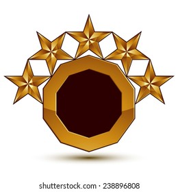 Sophisticated vector emblem with 5 golden stars, 3d decorative design element, clear EPS 8.