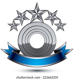Sophisticated vector emblem with 5 silver glossy stars and blue wavy ribbon, 3d decorative design element, clear EPS 8.