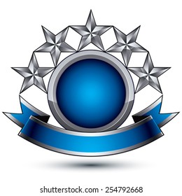 Sophisticated vector emblem with 5 silver glossy stars and blue wavy ribbon, 3d decorative design element, clear EPS 8.