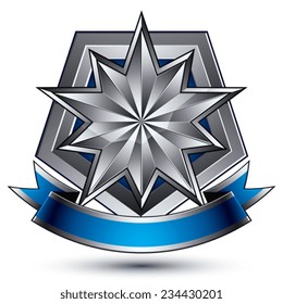 Sophisticated vector emblem with silver glossy star and blue wavy ribbon, 3d decorative shield design element, clear EPS 8.