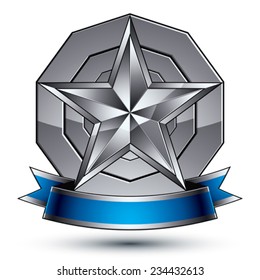 Sophisticated vector emblem with silver glossy star and blue wavy ribbon, 3d decorative design element, clear EPS 8.