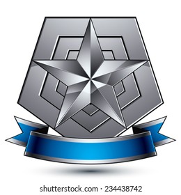 Sophisticated vector emblem with silver glossy star and blue wavy ribbon, 3d decorative shield design element, clear EPS 8.