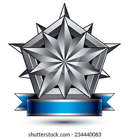 Sophisticated vector emblem with silver glossy star and blue wavy ribbon, 3d decorative shield design element, clear EPS 8.