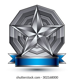 Sophisticated vector emblem with silver glossy star and blue wavy ribbon, 3d decorative design element, clear EPS 8.