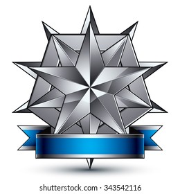 Anspruchsvolles Vektorsymbol mit silberglänzendem Stern und blauem, glänzendem Band, 3D-dekoratives Schild-Design, klares EPS8.