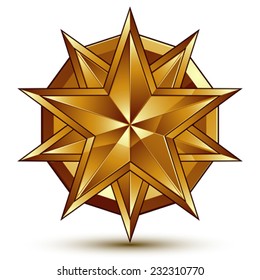 Sophisticated vector golden star emblem, 3d decorative design element, clear EPS 8.