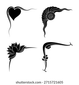Gráficos de Vector sofisticados con diseños de corazón, nautilus, loto y flores en estilo minimalista negro
