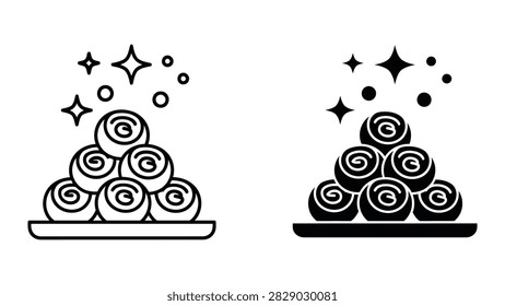 A sophisticated vector icon featuring a stack of round chocolate bonbons arranged on a small plate enhanced with elegant sparkles. This graphic is provided in both line art and solid versions ideal for chocolatiers dessert menus and gourmet food branding.