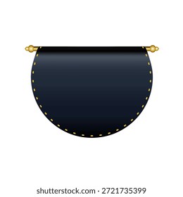 Ilustração vetorial sofisticada com uma faixa azul escura em branco com um fundo semicircular, suspenso de uma haste dourada decorativa. A aresta curva é acentuada com sutis linhas douradas tracejadas, lembrando pontos elegantes ou pernos. Ideal para uso como rótulo personalizável, emblema, rolagem ou elemento decorativo em vários projetos de design, interfaces da Web e apresentações.