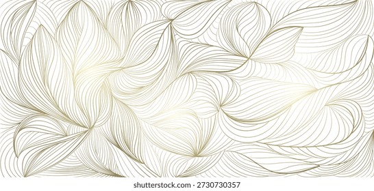 Ilustração vetorial sofisticada apresentando um padrão intrincado de linhas douradas fluindo que formam formas abstratas e orgânicas que lembram folhas e pétalas. Situado contra um fundo branco imaculado, este design premium exala luxo e elegância, tornando-o perfeito para marcas de alto nível, convites de casamento, ou papéis de parede decorativos. 