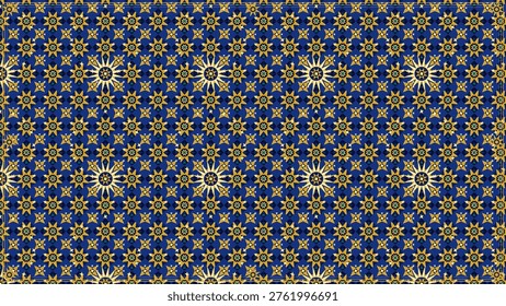 A sophisticated vector illustration featuring a traditional Islamic 8-pointed star muqarnas grid. The design uses a luxurious gold and navy blue color palette with intricate geometric polygons and an interlocking square grid background.