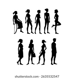 A sophisticated vector illustration presents a set of stylish black silhouettes of diverse women and a man against a clean white background. This group of people is depicted in different poses