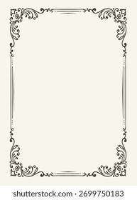 Ilustração vetorial sofisticada de um quadro retangular com intrincados floreios ornamentais gravados e desenhos de canto, perfeito para certificados ou convites.