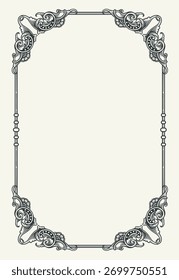 Ilustração vetorial sofisticada de um quadro retangular com intrincados floreios ornamentais gravados e desenhos de canto, perfeito para certificados ou convites.