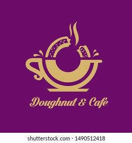 A sophisticated vector logo collection for coffee and pastry businesses. The design features a clever integration of a coffee cup with a bitten doughnut, symbolizing the perfect pairing for breakfast or dessert. With a luxurious gold and purple color palette, this set is ideal for artisan bakeries, gourmet cafes, doughnut shops, patisseries,