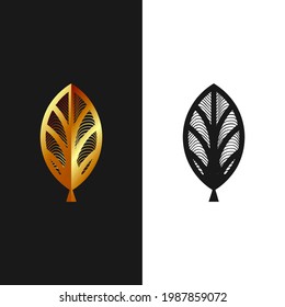 A sophisticated vector logo design featuring abstract leaves in a combination of gold and black tones. This stylish and modern botanical emblem is ideal for premium brands, spas, wellness centers