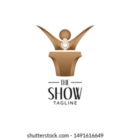 A sophisticated vector logo for public speaking and entertainment industries. The design features a minimalist human figure with open arms integrated into a podium shape, centered with a classic microphone. In a luxurious gold and black color palette, this set is perfect for master of ceremonies (MC), talk show hosts, podcast channels, keynote speakers, event planners, and broadcasting media identities.