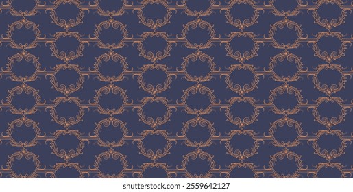 Sophisticated vector pattern featuring a repeating motif of ornate scrolls and curves, perfect for luxury design. An intricate floral design in gold on a deep blue background.