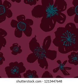 Sophisticated vector pink and burgundy floral seamless pattern background. Sober, festive and fun. Great for backgrounds, wallpapers and textures on invitations, gift wrap and sationery.