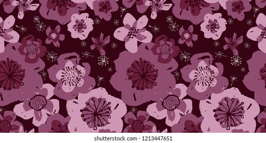 Sophisticated vector pink and burgundy floral seamless pattern background. Sober, festive and fun. Great for backgrounds, wallpapers and textures on invitations, gift wrap and sationery.