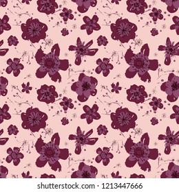 Sophisticated vector pink and burgundy floral seamless pattern background. Sober, festive and fun. Great for backgrounds, wallpapers and textures on invitations, gift wrap and sationery.