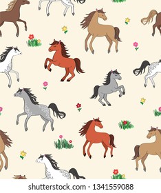 Sophisticated vector seamless repeat pattern with happy galloping multi colored different breeds horses among flowers on a cream background. Beautiful farm countryside pattern