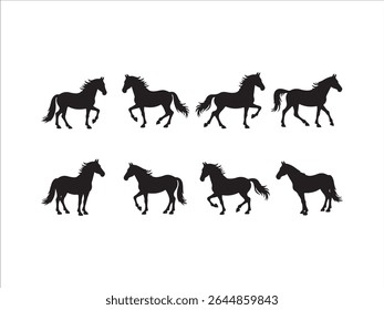 Sofisticadas silhuetas vetoriais de cavalos negros exibem diversas marchas, incluindo caminhada, trote e galope, contra um fundo branco limpo.
