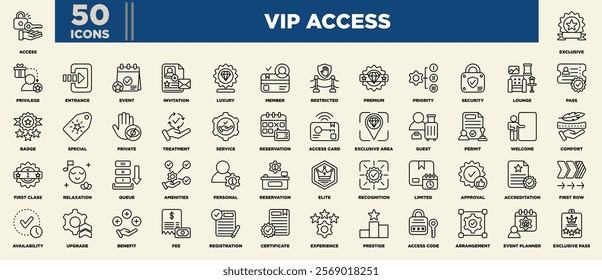 A sophisticated VIP Access icon set featuring symbols for exclusivity, privileges, premium services, lounge access, first-class treatment, invitations, upgrades, security, and elite experiences.