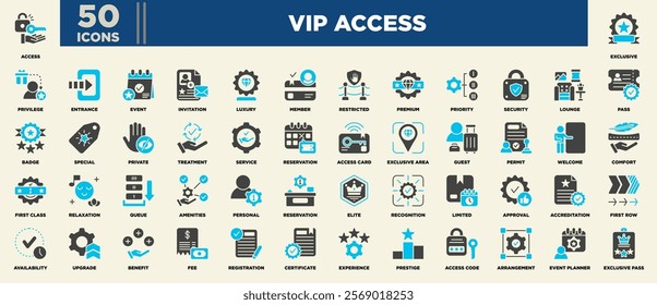 A sophisticated VIP Access icon set featuring symbols for exclusivity, privileges, premium services, lounge access, first-class treatment, invitations, upgrades, security, and elite experiences.