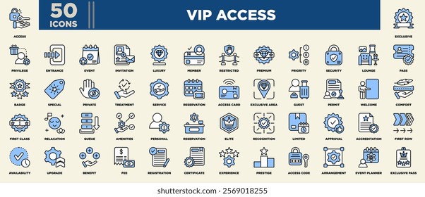 A sophisticated VIP Access icon set featuring symbols for exclusivity, privileges, premium services, lounge access, first-class treatment, invitations, upgrades, security, and elite experiences.