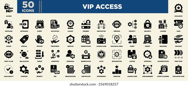 A sophisticated VIP Access icon set featuring symbols for exclusivity, privileges, premium services, lounge access, first-class treatment, invitations, upgrades, security, and elite experiences.