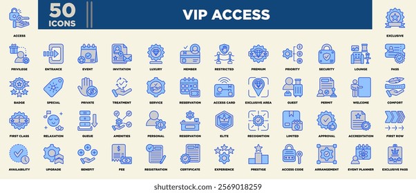 A sophisticated VIP Access icon set featuring symbols for exclusivity, privileges, premium services, lounge access, first-class treatment, invitations, upgrades, security, and elite experiences.