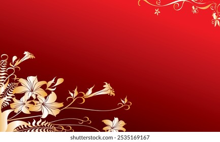 A sophisticated and visually appealing background featuring intricate gold floral patterns against a deep red backdrop, 