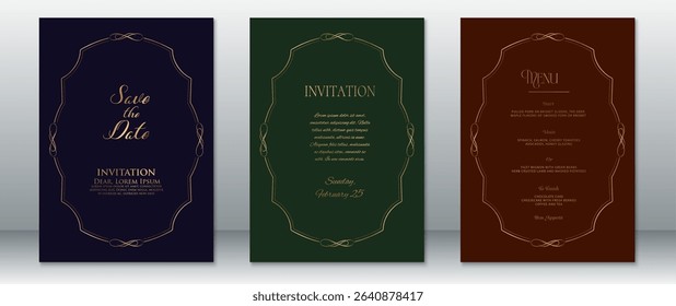 Sophisticated wedding invitation and menu set featuring gold frame accents on navy, green, and brown backgrounds. Ideal for classic, formal, and luxurious wedding celebrations.