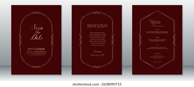 Sophisticated wedding invitation set in deep burgundy and gold with ornate frame lines and classic serif typography. Includes Save the Date, main invitation, and menu card layouts.