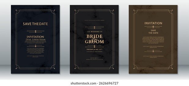 A sophisticated wedding invitation set featuring dark marble backgrounds in black, charcoal, and brown tones. Accented with clean, vintage-style gold borders and classic typography 