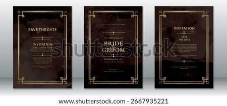Sophisticated wedding invitation set featuring gold geometric borders in Art Deco style. Includes Save the Date and Bride and Groom cards on a rich dark brown background.  