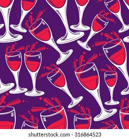 Sophisticated wine goblets continuous vector backdrop, stylish alcohol theme pattern. Classic wineglasses with splatters, romantic rendezvous idea.   
