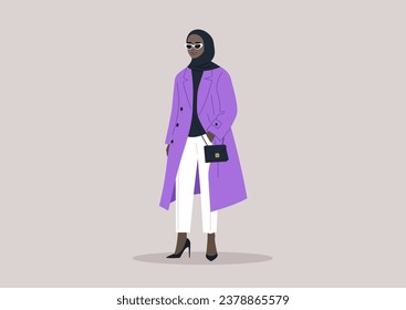 A sophisticated young woman donning an elegant purple trench coat, accompanied by a small black handbag, and featuring stylish cat-eye sunglasses