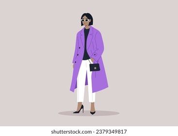 A sophisticated young woman donning an elegant purple trench coat, accompanied by a small black handbag, and featuring stylish cat-eye sunglasses