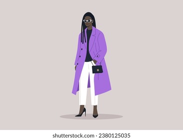 A sophisticated young woman donning an elegant purple trench coat, accompanied by a small black handbag, and featuring stylish cat-eye sunglasses