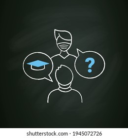 Sophomore chalk icon. Second-year student. Discussion between two people. Professional development. Graduation concept. Isolated vector illustration on chalkboard