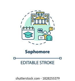 Sophomore concept icon. Student on second year studying. University class period. High school. College life idea thin line illustration. Vector isolated outline RGB color drawing. Editable stroke