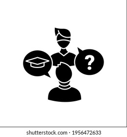 Sophomore glyph icon. Second-year student. Discussion between two people. Professional development. Graduation concept.Filled flat sign. Isolated silhouette vector illustration